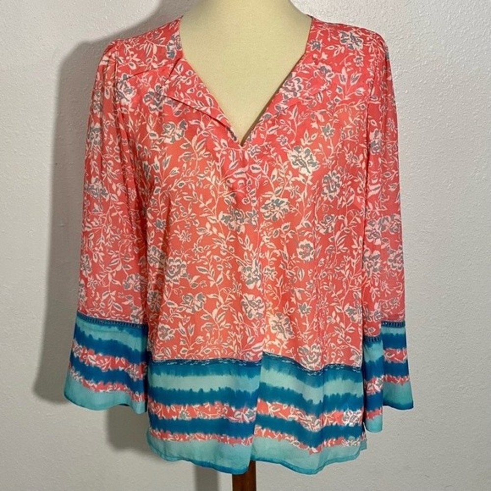 NEW Kut from the Kloth Floral Striped Blouse Women’s Size S Coral Teal